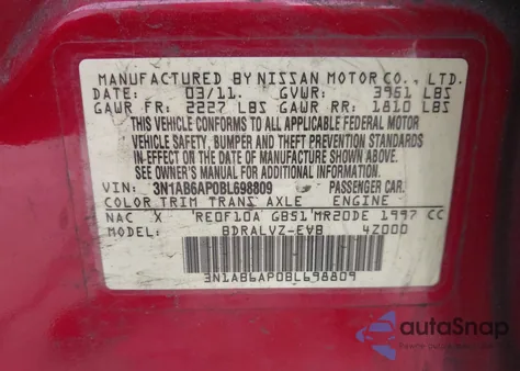 2011 Nissan Sentra 2.0Sl z USA, uszkodzony, nr VIN 3N1AB6AP0BL698809